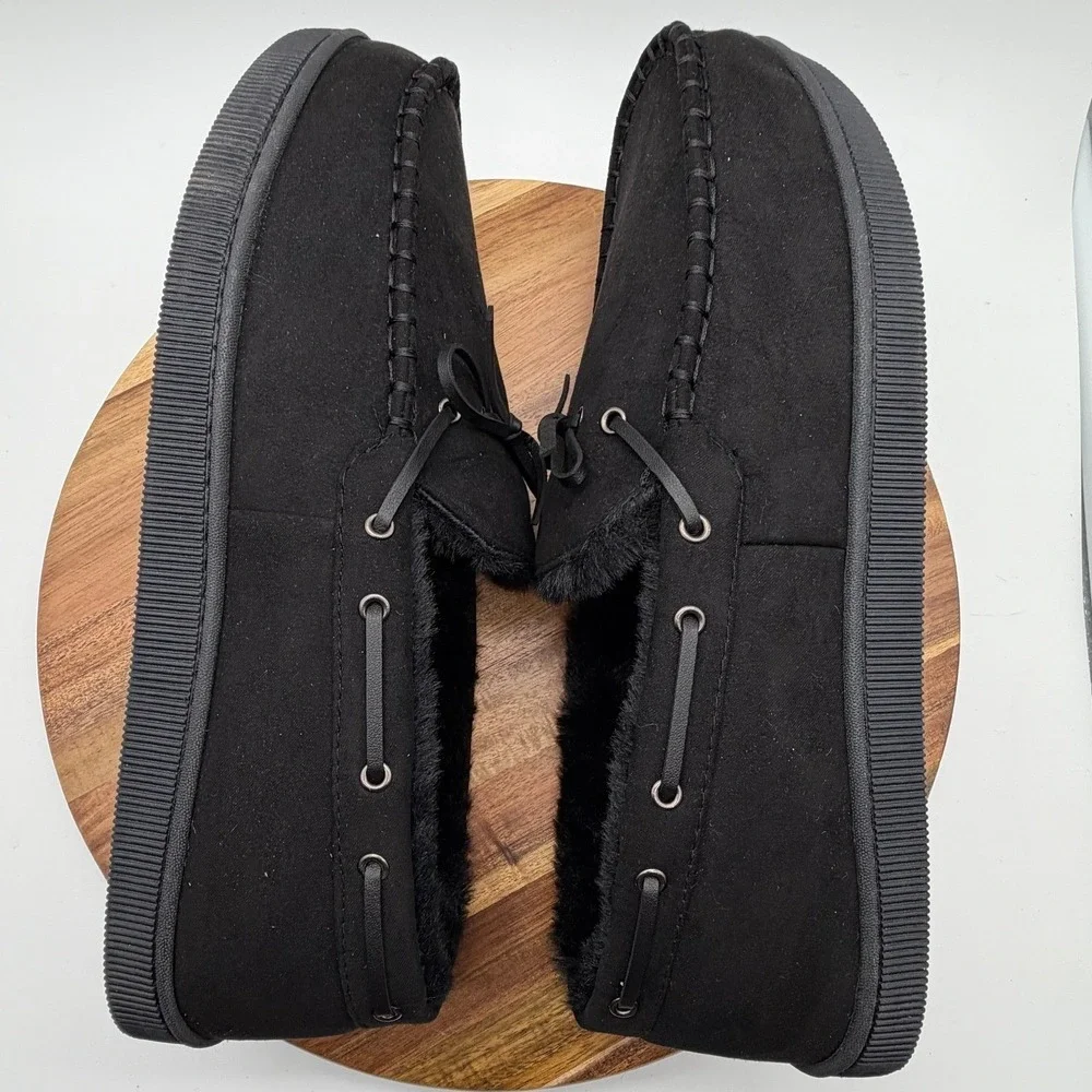 Club Room Men's 12-13 XL Black Moccasin Faux Fur Lined Indoor Outdoor 0693